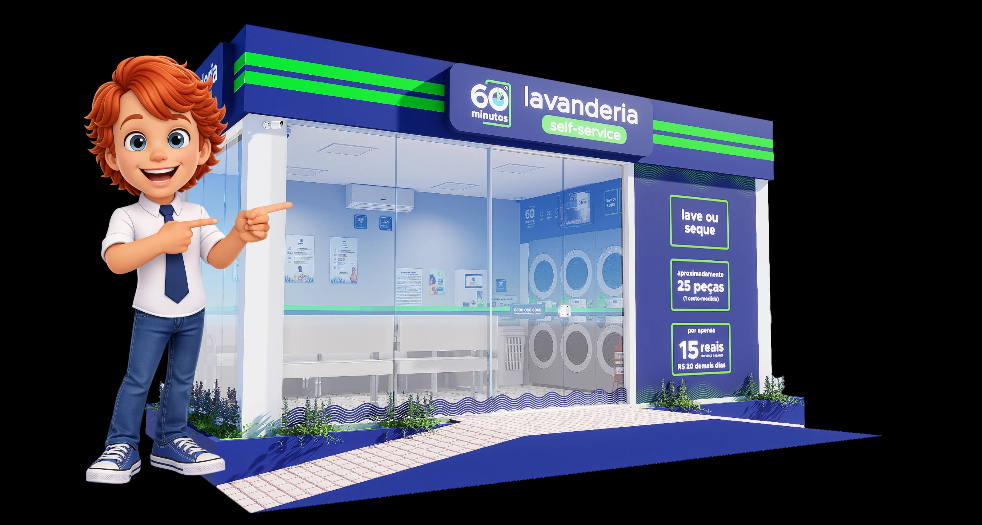 Fachada da Lavanderia 60 Minutos com Mascote